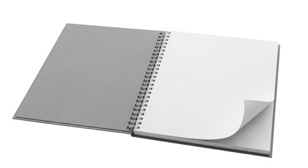 Open grey spiral bound notebook with textured cover and blank white pages isolated on a transparent background