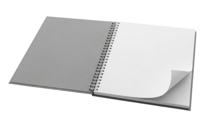 Open grey spiral bound notebook with textured cover and blank white pages isolated on a transparent background