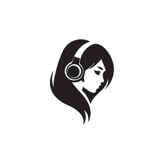 Black Vector Illustration of Woman Wearing Headphone in Clean Minimal Style on White Background