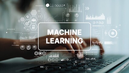 Hand Typing on Keyboard with Machine Learning Graphics and Data Visualizations in Background for Technology and Innovation Theme. Asymptotic smart data analytic.