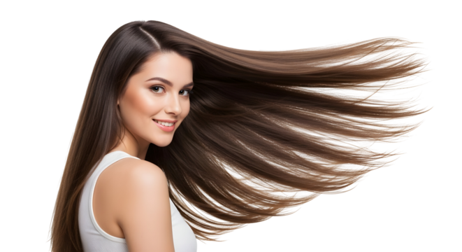 Attractive female model with stunning voluminous brown hair flowing dynamically in an elegant display of vibrant smooth healthy locks a symbol of beauty and hair vitality