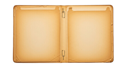 Open vintage folder with aged yellowed paper pages and metal binder clips isolated on a transparent background