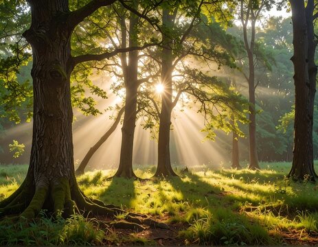 A vibrant woodland scene, sunlight streams through trees creating an ethereal glow. Lush green ground under the canopy