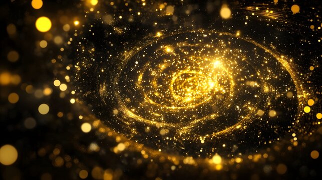 Luxurious abstract background with swirling golden glitter and sparkling bokeh lights, forming a vibrant, luminous vortex on a dark canvas.