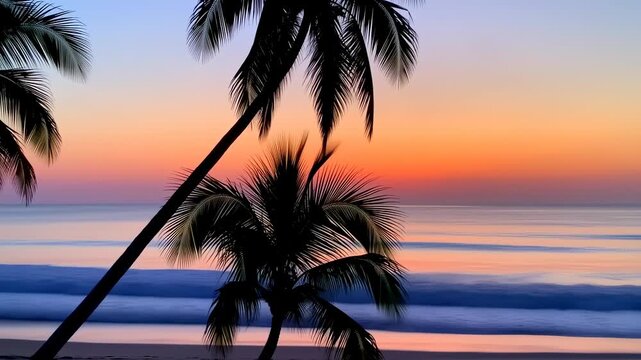 Silhouetted palm trees frame a beach sunset. Vibrant sky gradients contrast with ocean waves.