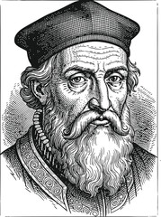 Dark silhouette of a historical figure with a beard and a scholar's cap