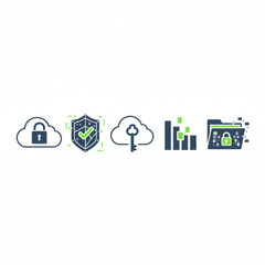Set of flat vector icons representing cybersecurity and cloud data protection concepts