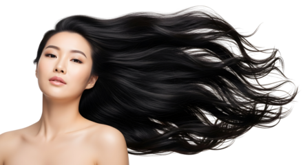 Beautiful young asian woman with voluminous long dark hair flowing dynamically showcasing smooth healthy and shiny strands symbolizing natural beauty and sophisticated hair care