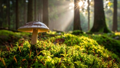 A solitary mushroom stands amidst lush green moss in a sun-dappled forest scene, with sunlight beams shining