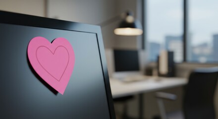 Pink Heart Sticky Note on Computer Monitor in Office.