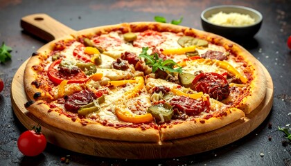 Close-up of a freshly baked, delicious pizza on a wooden serving board, featuring colorful toppings and melted cheese