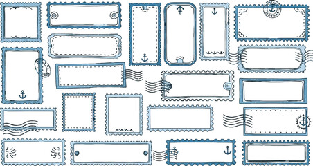 Fototapeta premium Collection of nautical themed watercolor postage stamp frames for graphic designs