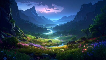Fototapeta premium Enchanting Mountain Valley at Twilight with Glowing River and Wildflowers.