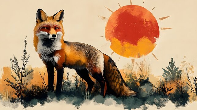 Stylized illustration of a red fox standing in a dark forest undergrowth, silhouetted against a large, abstract, orange-red sun.