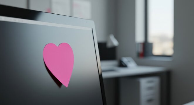 Heartfelt Reminder - Pink Sticky Note on Computer Screen in Office.
