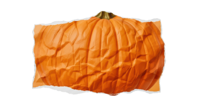 Ripped orange paper with pumpkin texture and green stem isolated on a transparent background torn
