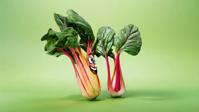 A smiling bunch of rainbow chard floats on a green background