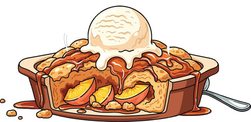 Delicious cartoon peach cobbler with ice cream and caramel drizzle topping