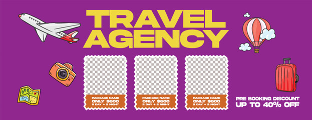 Retro and vintage styled vacation package promotion banner with travel sale offers, hotel resort booking, online ticket services, and travel agency social media cover horizontal template design