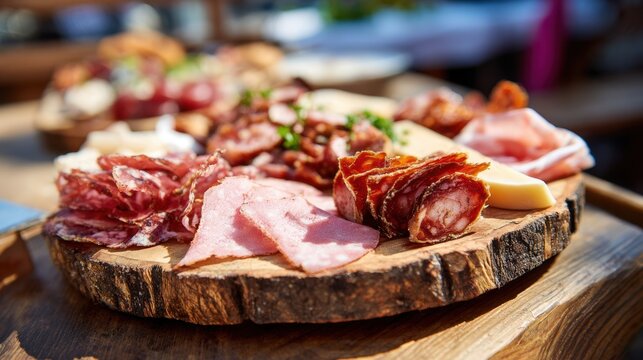 A wooden board with a variety of meats and cheeses on it. The board is placed on a table - Powered by Adobe