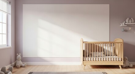 3d render children room, light cozy interior with wooden crib
