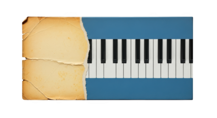 Torn aged paper overlaying blue piano keyboard keys isolated on a transparent background music instrument
