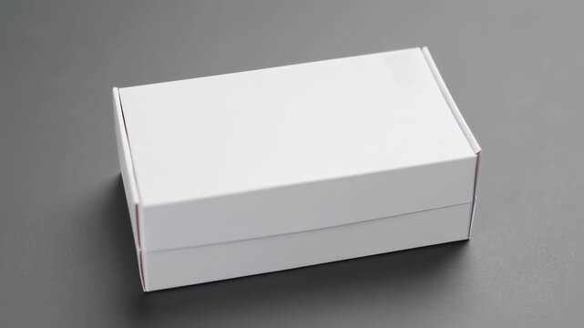 A white, closed rectangular box on a gray surface, casting a soft shadow. Minimalist composition