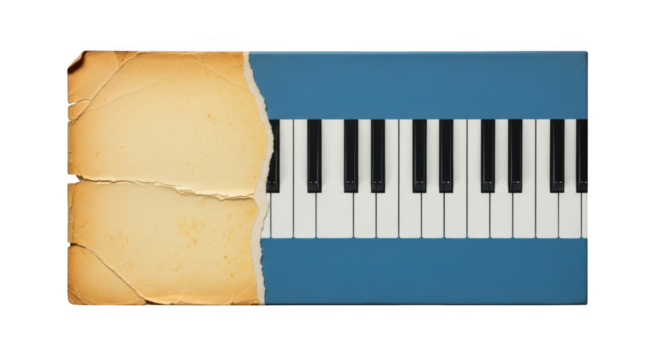 Torn aged paper overlaying blue piano keyboard keys isolated on a transparent background music instrument