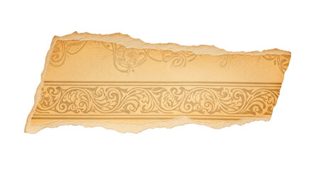 Torn antique paper fragment with ornate vintage border pattern isolated on a transparent background image