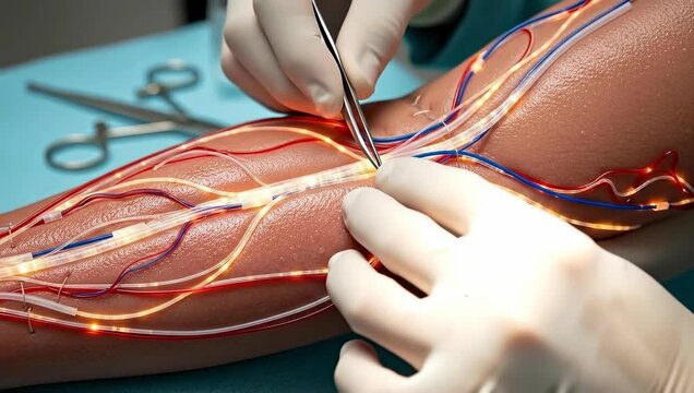 Medical professional operating on human arm model with surgical tools