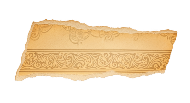 Torn antique paper fragment with ornate vintage border pattern isolated on a transparent background image