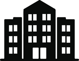 Naklejka premium City building icon simple silhouette, Black silhouette icon of a multi-story building complex with windows, useful for urban themes, real estate, architecture, and city design graphics.