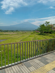 A serene rural landscape featuring lush green rice fields under a bright blue sky, with a majestic mountain rising in the distance and a simple metal fence in the foreground.
