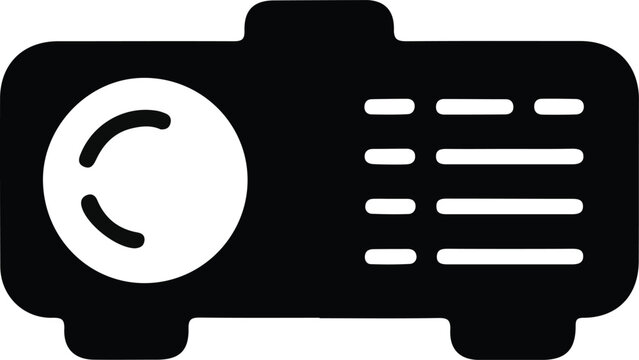 Projector device icon silhouette graphic, Minimal black projector icon showing lens and vents, suitable for presentations, technology concepts, multimedia equipment, and interface design use.

