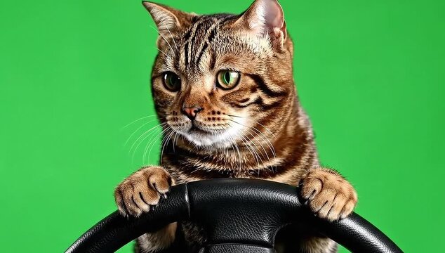 Driving cat in action, paws gripping wheel, ready to go, a funny animal moment, perfect for pet lovers and humor campaigns with a vibrant green backdrop