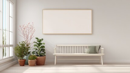 A white bench sits in front of a large white wall with a blank frame. The room is sparsely decorated with a few potted plants and a vase