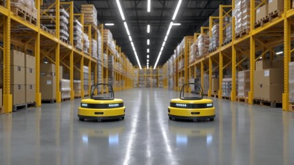 Two yellow autonomous mobile robots moving in modern warehouse - Powered by Adobe