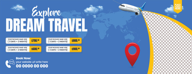 Minimal travel agency social media cover and horizontal travel banner for holiday tour promotion, hotel resort booking, online flight ticket deals, and travel sale advertisement template design