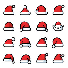 Vector set of Santa hat icons, flat style, red and white, clean shapes