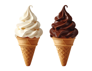 Vanilla and Chocolate Swirled Soft Serve Ice Cream Cone Bundle, Two Variations in One Frame, Isolated on Transparent Background 