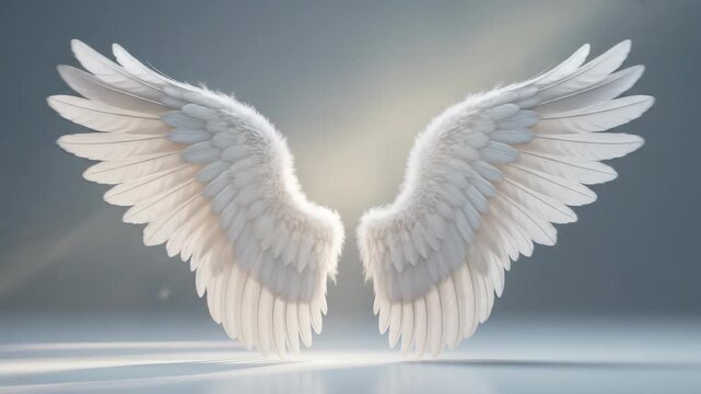 Pair of white angel wings with detailed feathers spread open against a soft glowing background