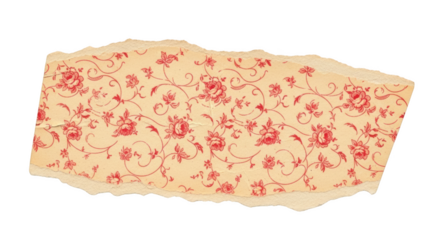 Torn beige paper with red floral pattern and frayed edges isolated on a transparent background torn paper