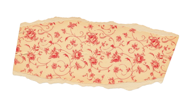 Torn beige paper with red floral pattern and frayed edges isolated on a transparent background torn paper - Powered by Adobe