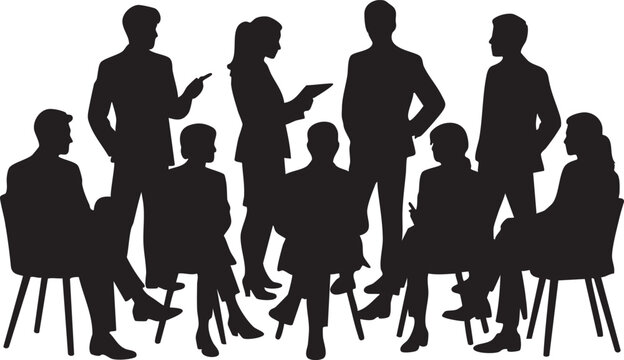 Silhouette shows diverse team collaborating during formal meeting while some present their ideas