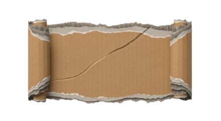 Torn cardboard scroll with rough edges and a curved score line isolated on a transparent background ripped