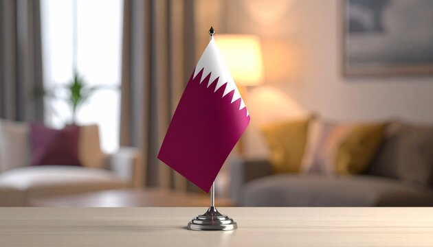 “Tabletop Qatari flag with maroon field and white serrated band on wooden surface in cozy living room with sofa, cushions, curtains, and lit lamp”