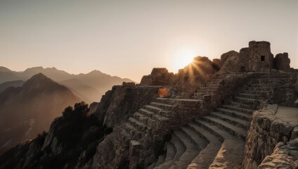 Inca Citadel of Machu Picchu at Sunrise with Sunbeams.