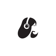 Black Vector Illustration of Woman Wearing Headphone in Clean Minimal Style on White Background