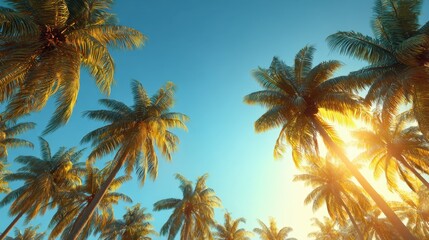 Obraz premium Palm trees reach towards a vibrant sky as sunlight bathes the scene in a warm golden glow during a peaceful sunset. Nature's beauty shines brightly.