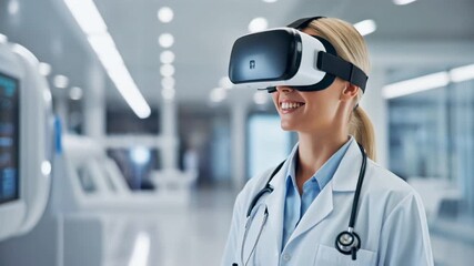 Smiling female doctor wearing VR headset in modern hospital - Powered by Adobe